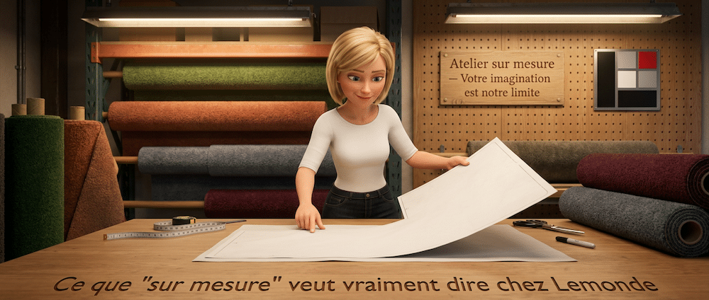 Karine dans l'atelier de confection Lemonde avec gabarit de perron irrégulier — Boucherville