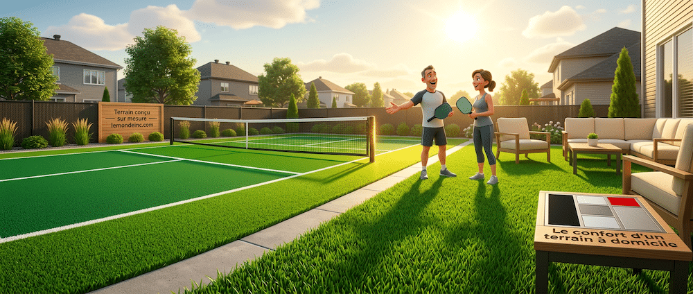 Terrain de pickleball résidentiel en gazon artificiel sur mesure, cour arrière Rive-Sud Québec
