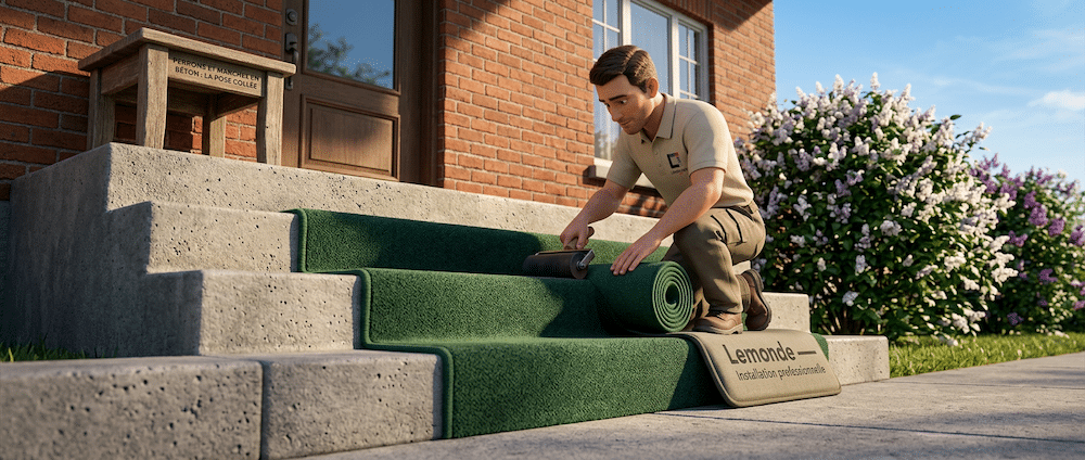 Installation professionnelle de carpette collée sur perron en béton, Boucherville Rive-Sud