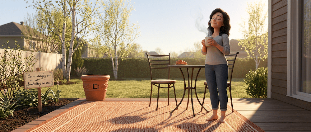 Propriétaire sur sa terrasse nouvellement carpetée lors du premier beau weekend de mai au Québec