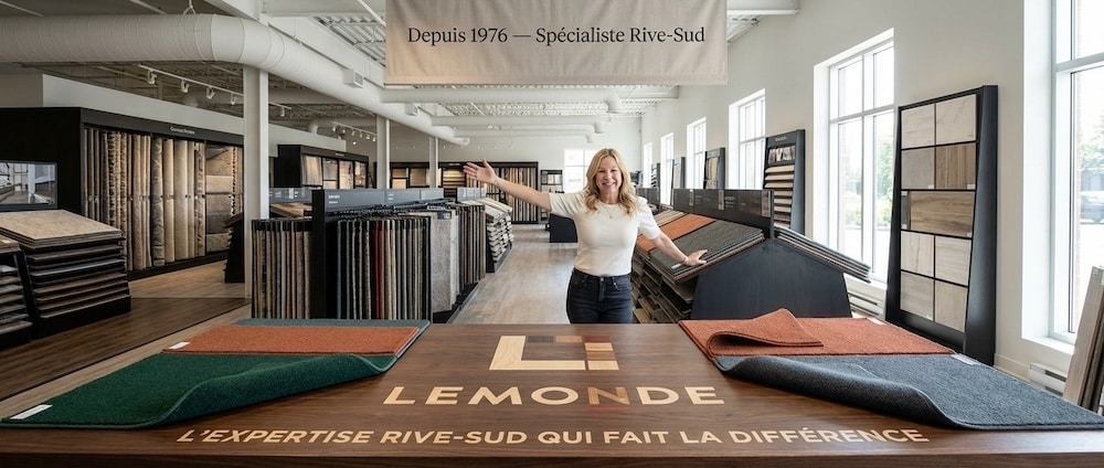 Karine Lemonde dans la salle de montre 20 000 pi² à Boucherville avec échantillons de carpettes extérieures