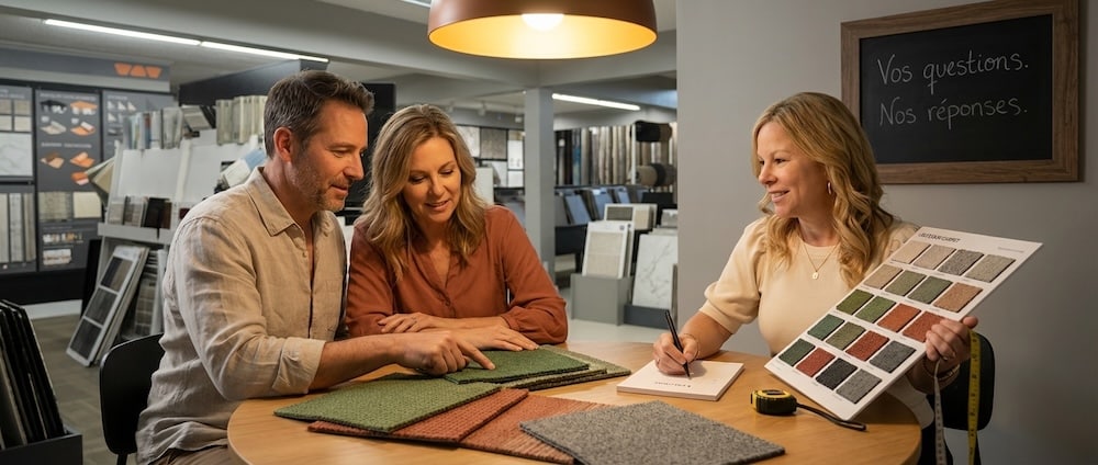 Consultation carpettes extérieures sur mesure chez Lemonde Boucherville — Karine avec clients
