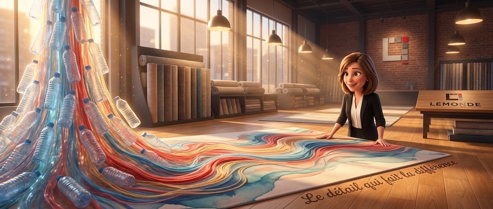 Carpettes écologiques en PET recyclé transformées à partir de bouteilles d'eau — showroom Lemonde Boucherville