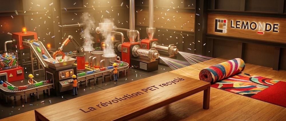 Illustration du processus de recyclage PET montrant la transformation des bouteilles en fils de carpettes