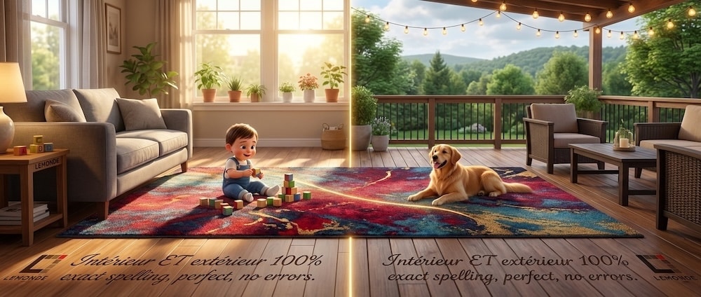 Carpette écologique PET recyclé utilisée en intérieur dans un salon et en extérieur sur une terrasse — Lemonde Boucherville