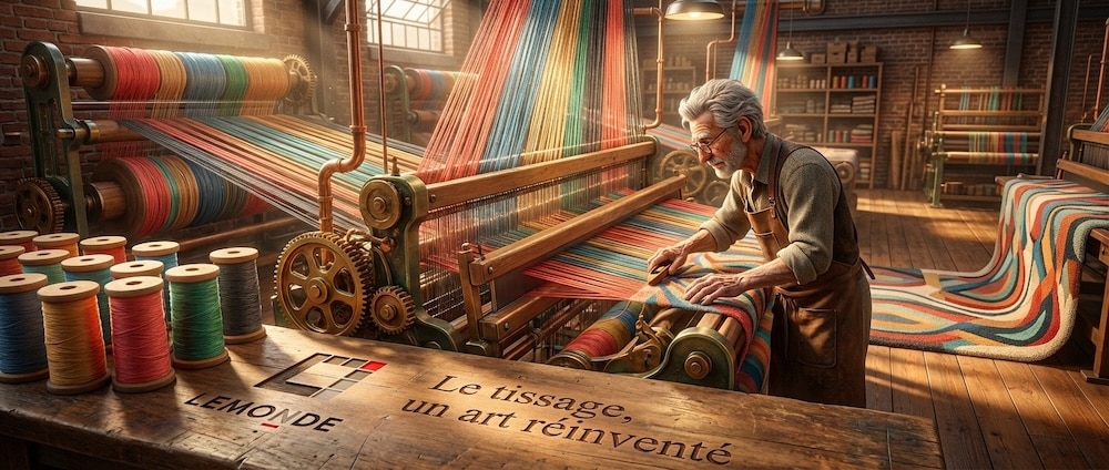 Atelier de tissage traditionnel avec fils de PET recyclé multicolores — art du tissage Wilton réinventé