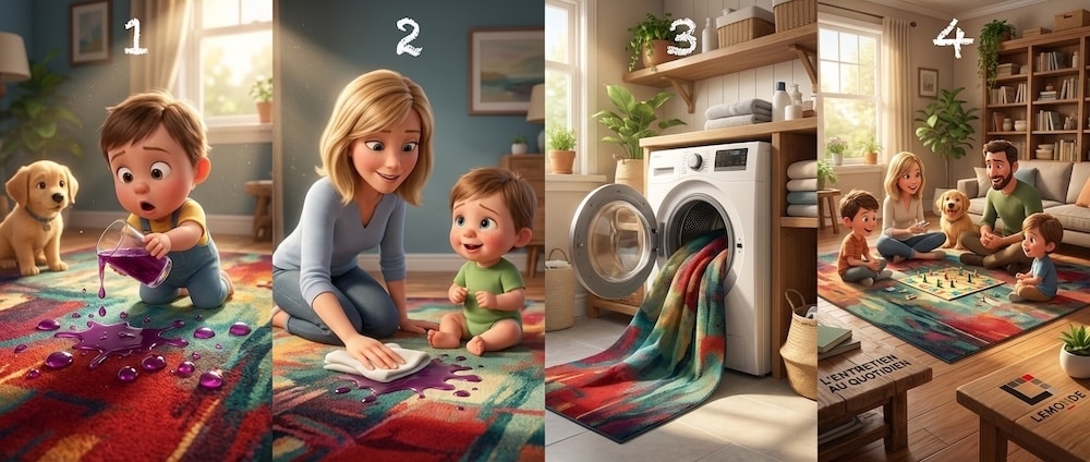 Quatre étapes d'entretien d'une carpette PET recyclé — aspirer, éponger, laver en machine, sécher