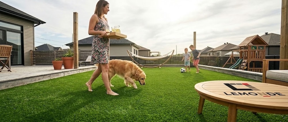 Gazon artificiel sur mesure terrasse résidentielle Rive-Sud Québec