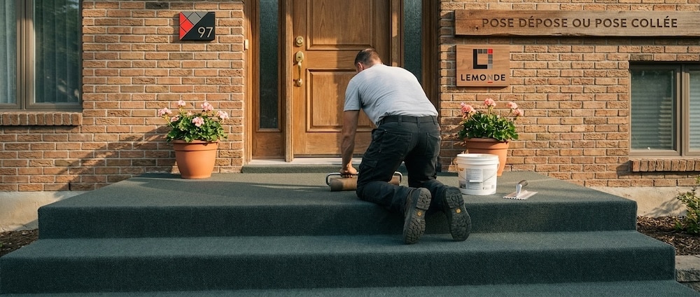 Installation carpette extérieure collée béton perron maison Boucherville Rive-Sud