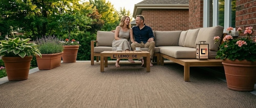 Couple sur terrasse carpettée sur mesure Rive-Sud Lemonde