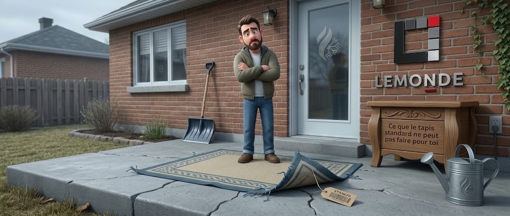 Tapis standard mal ajusté sur perron béton — problème courant avant une carpette sur mesure