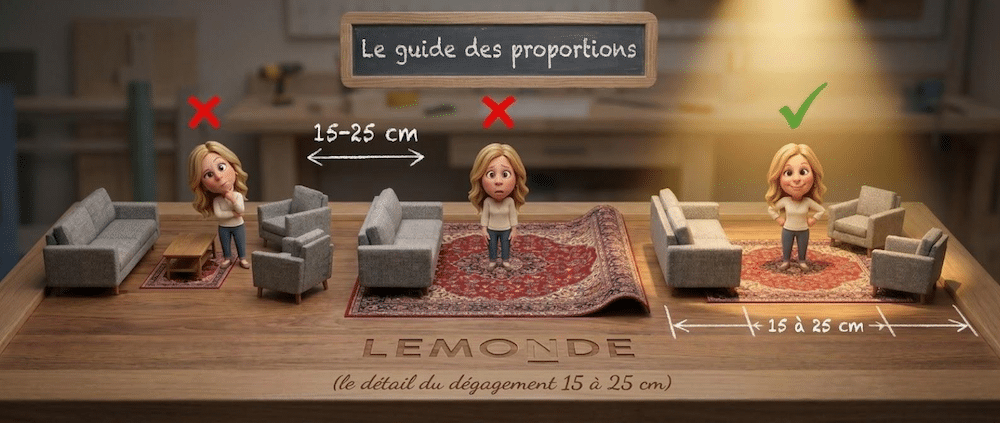 Guide visuel montrant trois proportions de carpettes dans un salon — Lemonde Boucherville