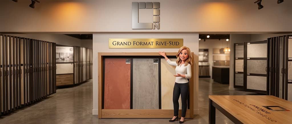 Céramique rectifiée Rive-Sud grand format 60x120, Karine Cliche au showroom Lemonde Boucherville