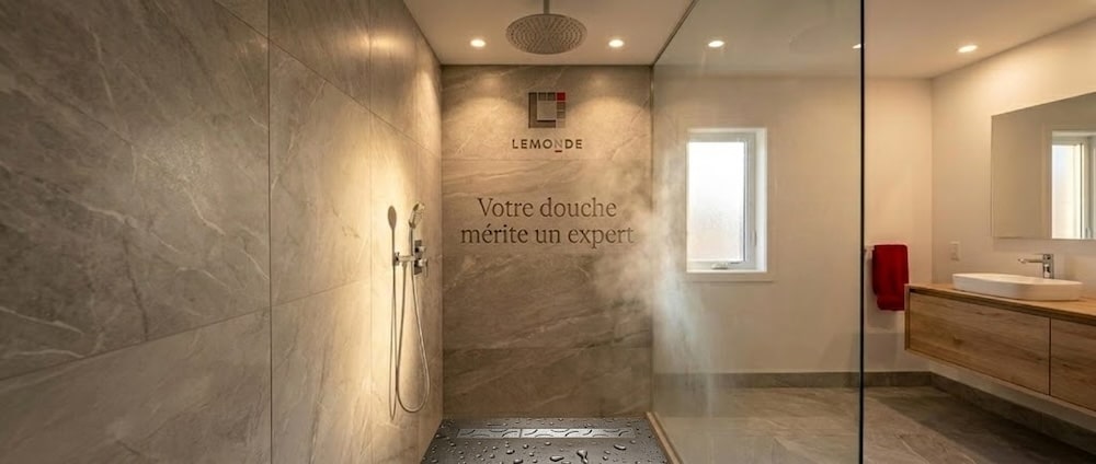 Drain linéaire pour douche dans une rénovation de salle de bain moderne au Québec, carreaux grand format, finition spa haut de gamme