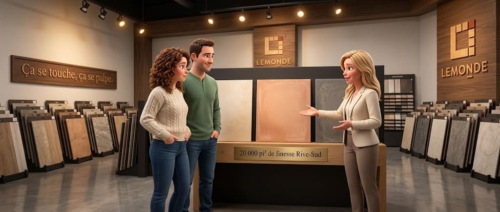 Céramique rectifiée Rive-Sud, couple en consultation avec Karine au showroom Lemonde Boucherville