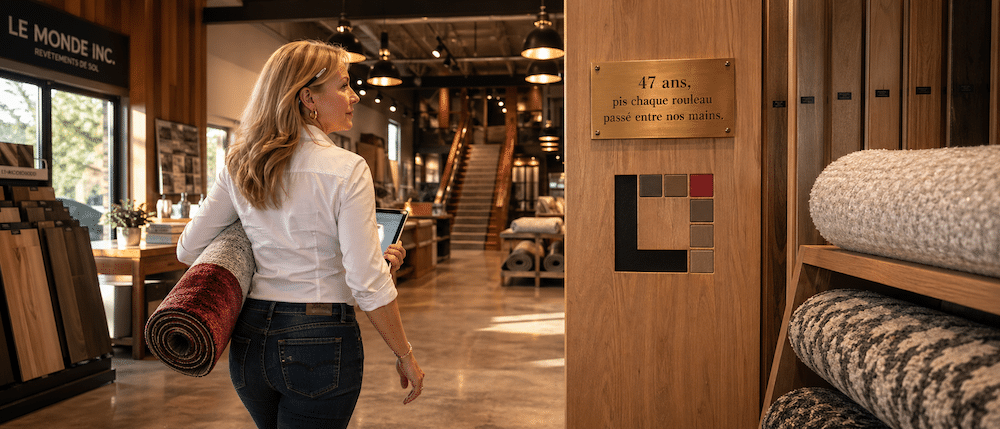 Showroom Lemonde Boucherville fournisseur revêtements de sol Rive-Sud avec rouleaux de tapis premium pour designers d'intérieur