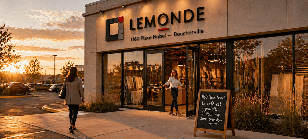 Showroom Lemonde 1160 Place Nobel Boucherville fournisseur revêtements de sol Rive-Sud accueil designer d'intérieur