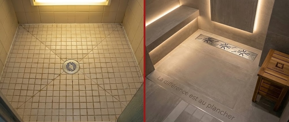 Comparaison drain central traditionnel et drain linéaire moderne pour douche, petits carreaux mosaïque vs grande céramique