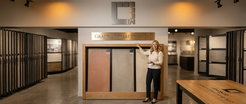 Céramique rectifiée Rive-Sud grand format 60x120 — Karine Cliche au showroom Lemonde Boucherville