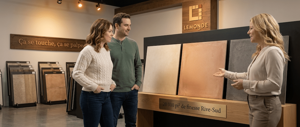 Céramique rectifiée Rive-Sud — couple en consultation avec Karine au showroom Lemonde Boucherville