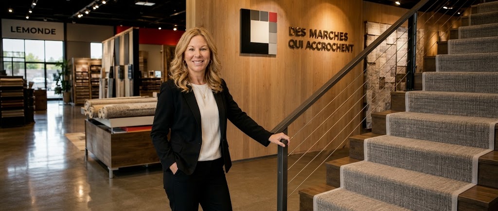 Escalier glissant rendu sécuritaire avec un runner sur mesure — showroom Lemonde, Boucherville