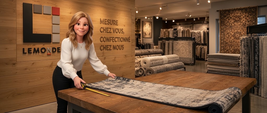 Runner escalier sur mesure : Karine, co-propriétaire de Lemonde, déroule un échantillon de chemin d'escalier à l'atelier de Boucherville