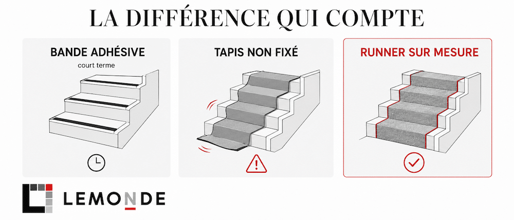 Comparatif visuel d'un escalier : bande adhésive, tapis non fixé et runner sur mesure