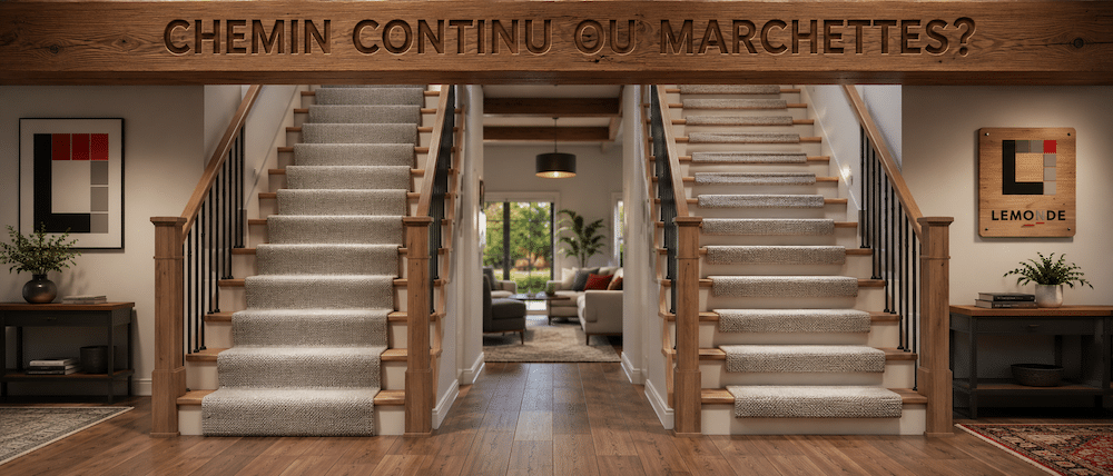 Chemin d'escalier continu comparé à des marchettes posées une par marche
