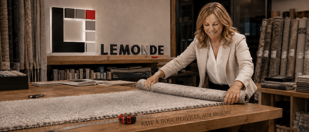 Karine déroule un échantillon de runner sur mesure dans l'atelier Lemonde à Boucherville