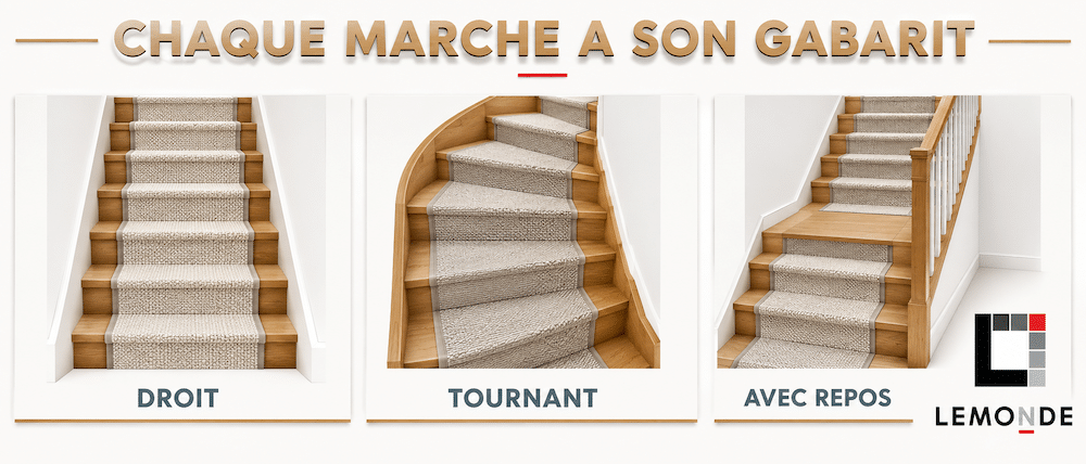 Runner sur mesure adapté à un escalier droit, tournant ou avec palier