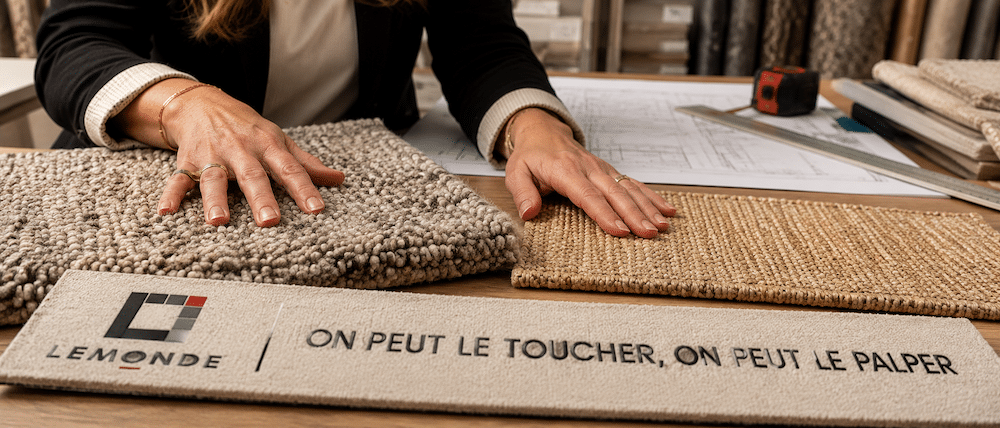 Mains comparant un échantillon de laine et de sisal à l'atelier de confection Lemonde de Boucherville