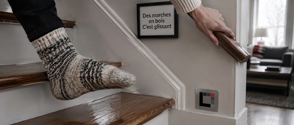 Pied en bas de laine qui glisse sur une marche d'escalier en bois verni