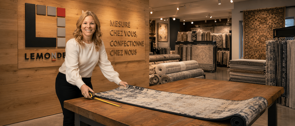 Runner escalier sur mesure : Karine, co-propriétaire de Lemonde, déroule un échantillon de chemin d'escalier à l'atelier de Boucherville