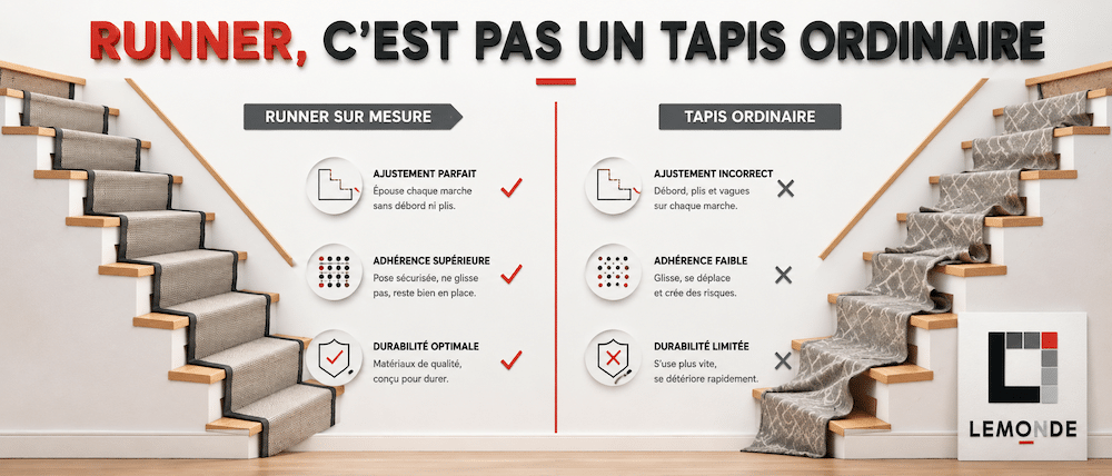 Comparaison entre un runner sur mesure bien ajusté et un tapis ordinaire qui glisse dans l'escalier