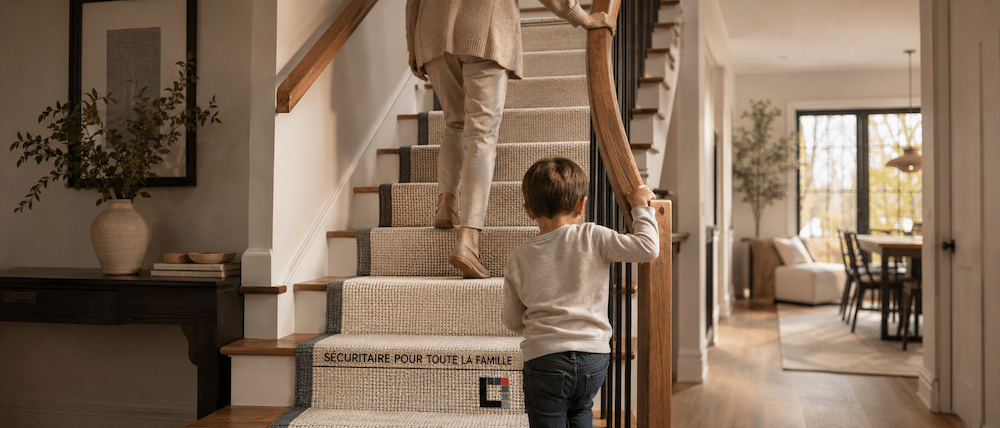 Mère et jeune enfant montant un escalier habillé d'un runner, sécuritaire pour toute la famille
