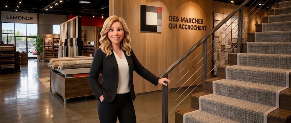 Runner escalier sur mesure : Karine, co-propriétaire de Lemonde, déroule un échantillon de chemin d'escalier à l'atelier de Boucherville