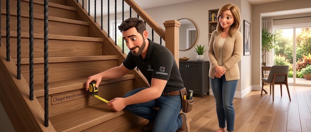 Installateur Lemonde prenant les mesures exactes d'un escalier chez un client à Boucherville