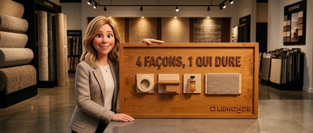 Karine accueille une famille au showroom Lemonde pour discuter de leur projet d'escalier