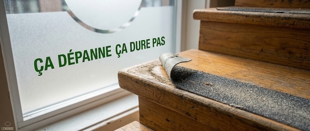 Bande adhésive antidérapante décollée sur le bord d'une marche d'escalier en bois