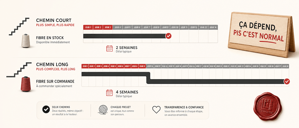 Comparatif des délais de confection d'un runner sur mesure : chemin court deux semaines versus chemin long quatre semaines chez Lemonde