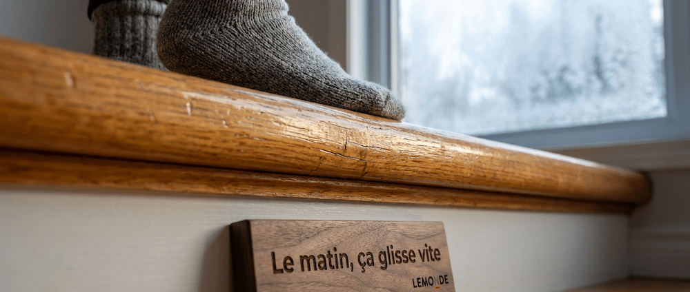 Bas de laine sur une marche d'escalier en bois glissante, un matin d'hiver au Québec