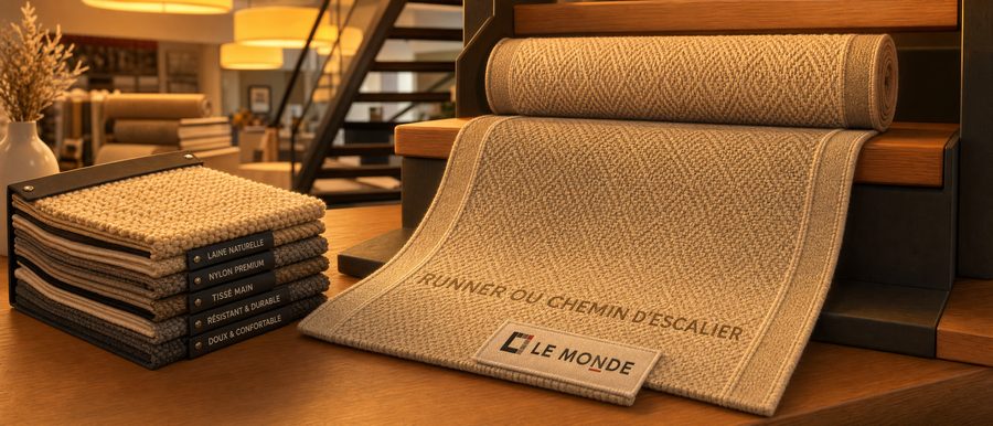 runner ou chemin d'escalier sur mesure déroulé sur une marche démo