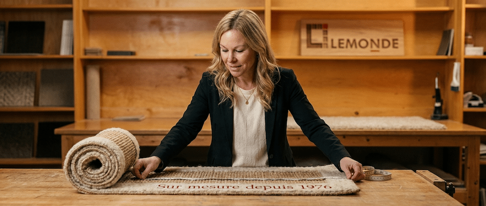 Karine Cliche déroule un runner sur mesure dans l'atelier de confection Lemonde à Boucherville
