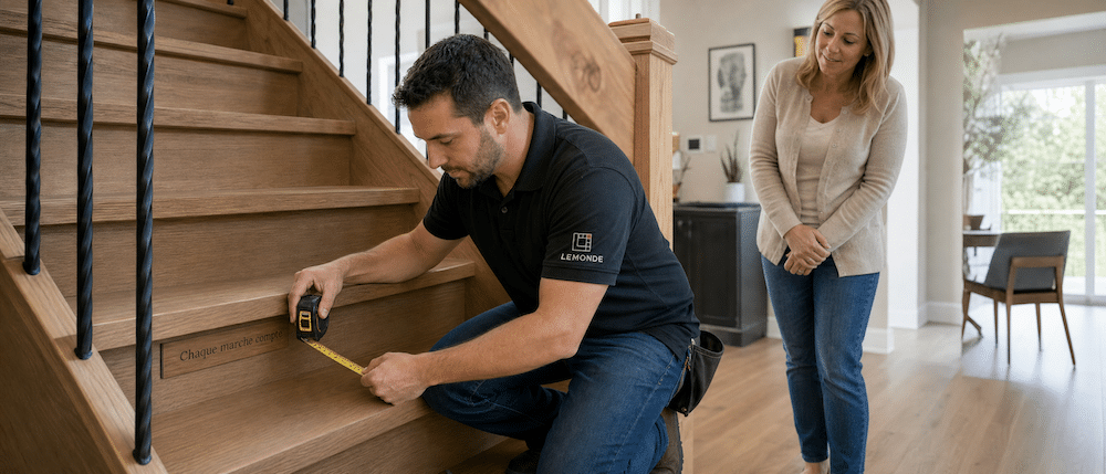 Installateur Lemonde prenant les mesures exactes d'un escalier chez un client à Boucherville