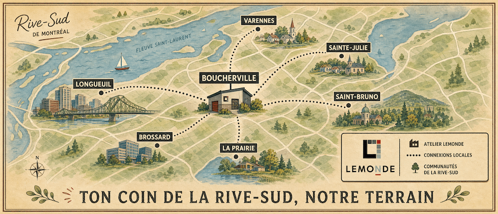 Carte du territoire desservi par Lemonde sur la Rive-Sud, de Boucherville à Longueuil, Saint-Bruno, Sainte-Julie, Varennes, Brossard et La Prairie