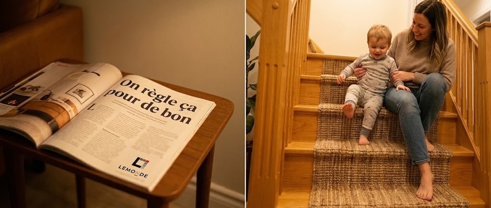 Mère et jeune enfant assis en sécurité sur un runner d'escalier sur mesure Lemonde