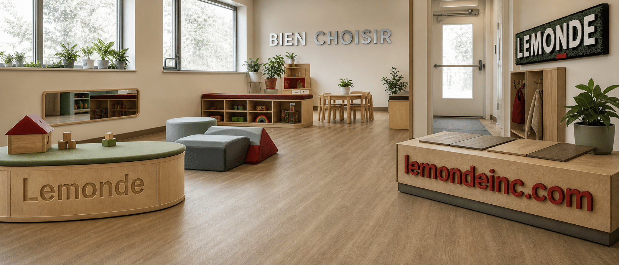 Salle de garderie québécoise lumineuse avec un plancher souple, lavable et chaleureux.
