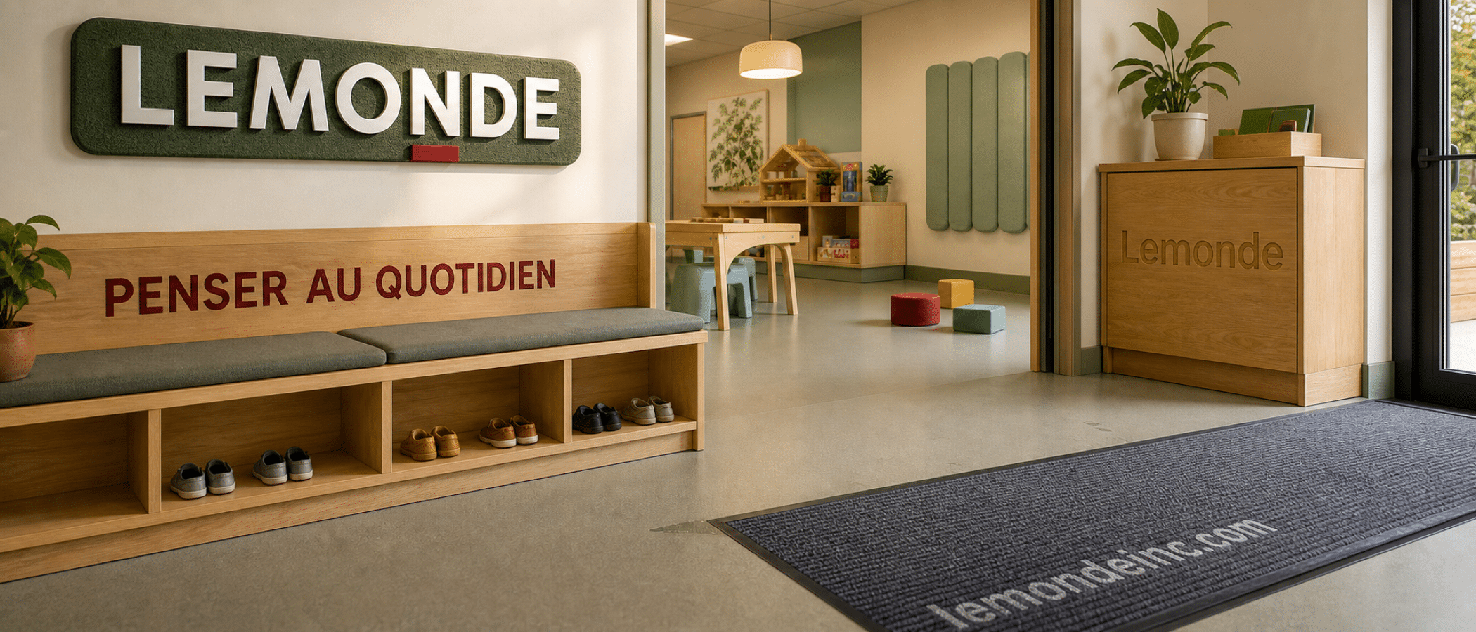Aire de jeu illustrant l’entretien, l’adhérence, le confort et l’acoustique d’un plancher de garderie.
