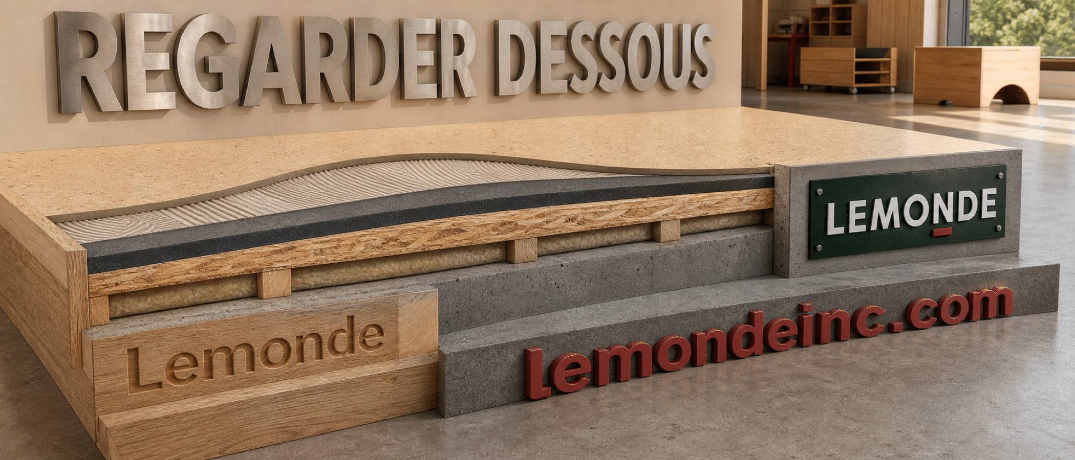Coupe technique d’un assemblage de plancher montrant le revêtement, la sous-couche et le support.