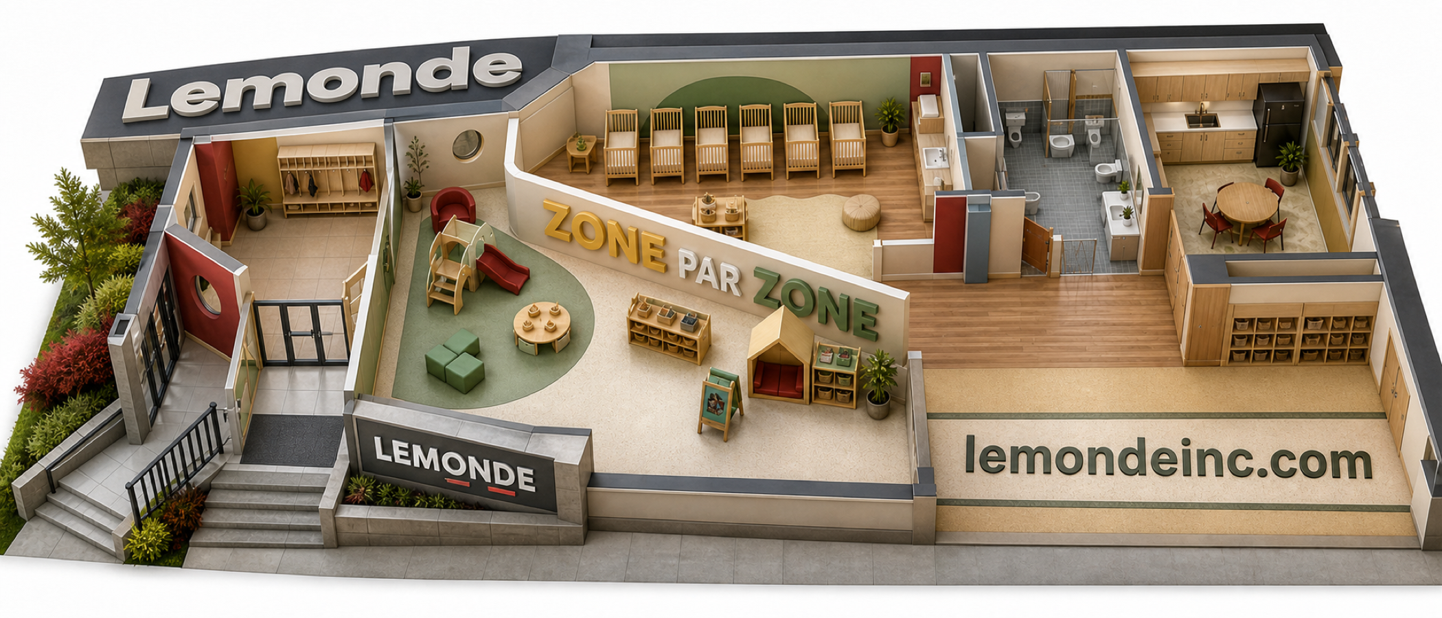 Plan isométrique d’un CPE avec des revêtements adaptés à la salle de jeu, au vestiaire et aux corridors.